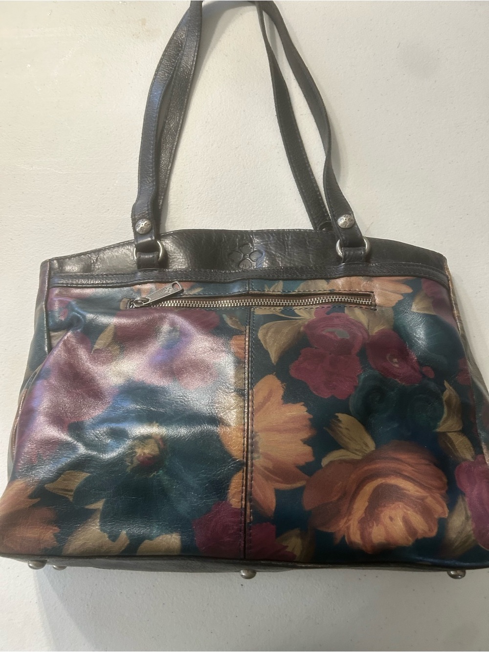 Patricia Nash Floral Leather Shoulder Bag in Teal, Burgundy & Mustard